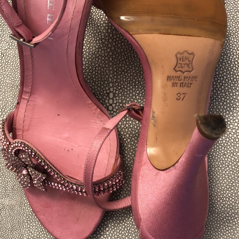 LERRE Handmade in Italy Pink Silk 3.5” heel Rhinestone Flower Size 37 Sandals - Picture 7 of 12